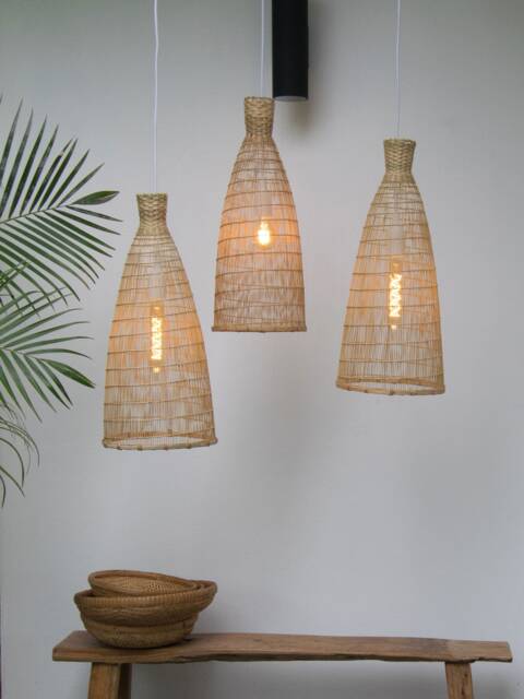 3 X Bamboo Pendant Light - Natural Wood Tall Basket Lampshade Boho Rustic Elegant Lighting - image 1
