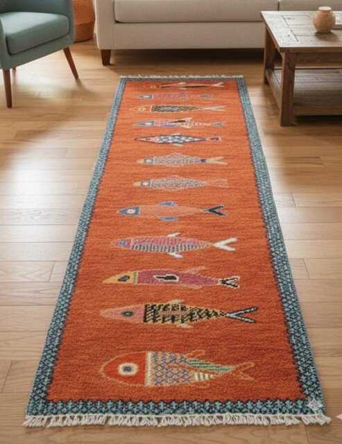 Handmade Orange Wool Rug, Custom Made Thick Entrance Runner, Bold Koi Fish Decor - image 1