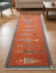 Handmade Orange Wool Rug, Custom Made Thick Entrance Runner, Bold Koi Fish Decor
