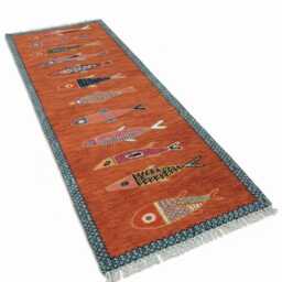 Handmade Orange Wool Rug, Custom Made Thick Entrance Runner, Bold Koi Fish Decor - thumbnail 4