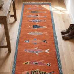 Handmade Orange Wool Rug, Custom Made Thick Entrance Runner, Bold Koi Fish Decor - thumbnail 3