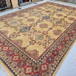 Handmade Afghan Kazak Wool Rug Tribal Geometric Medallion, 12.6 X 9.5 Ft - thumbnail 3