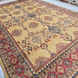 Handmade Afghan Kazak Wool Rug Tribal Geometric Medallion, 12.6 X 9.5 Ft - thumbnail 2