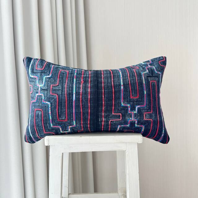 Vintage Hmong Embroidered Pillow Cover Organic Hemp Lumbar Cushion - 12x20 - image 1