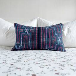 Vintage Hmong Embroidered Pillow Cover Organic Hemp Lumbar Cushion - 12x20 - thumbnail 3