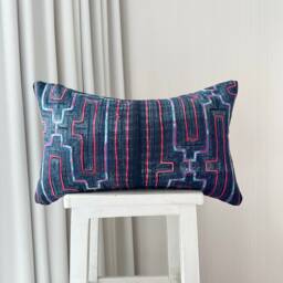 Vintage Hmong Embroidered Pillow Cover Organic Hemp Lumbar Cushion - 12x20 - thumbnail 1
