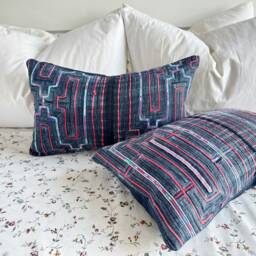 Vintage Hmong Embroidered Pillow Cover Organic Hemp Lumbar Cushion - 12x20 - thumbnail 4