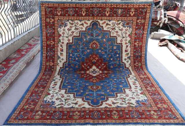 5x7 Blue Heriz Rug, Top Quality Hand Knotted Afghan Wool Area Geometric Medallion Oriental Turkmen Bedroom, Living Room Rug - image 1