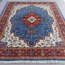 5x7 Blue Heriz Rug, Top Quality Hand Knotted Afghan Wool Area Geometric Medallion Oriental Turkmen Bedroom, Living Room Rug - thumbnail 3