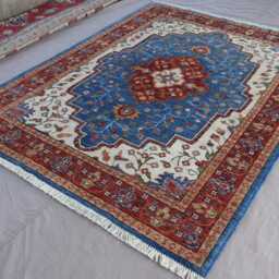 5x7 Blue Heriz Rug, Top Quality Hand Knotted Afghan Wool Area Geometric Medallion Oriental Turkmen Bedroom, Living Room Rug - thumbnail 2