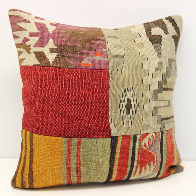 Patchwork Kilim Pillow Cover 18x18, Handmade Turkish Cushion - image 1