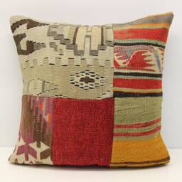 Patchwork Kilim Pillow Cover 18x18, Handmade Turkish Cushion - thumbnail 2