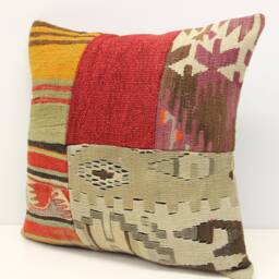 Patchwork Kilim Pillow Cover 18x18, Handmade Turkish Cushion - thumbnail 3