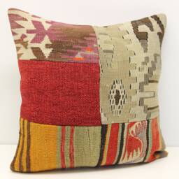 Patchwork Kilim Pillow Cover 18x18, Handmade Turkish Cushion - thumbnail 1