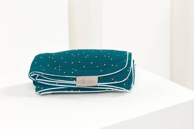 Kraftkids Baby Blanket, Muslin, Gold Dots On Petrol Blue - image 1