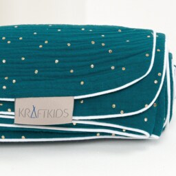 Kraftkids Baby Blanket, Muslin, Gold Dots On Petrol Blue - thumbnail 2
