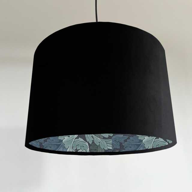 Black Velvet Drum Lampshade, Double Sided Lampshade With Acanthus Blue Leaves Paper Interior, William Morris - image 1