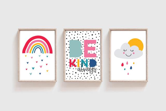 Set Of 3 Girls Nursery Prints, Be Kind Print, Rainbow Wall Art, Bedroom Playroom Art - image 1