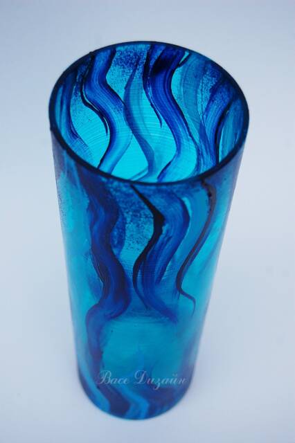 Hand Painted Blue Glass Cylinder Vase, Marine Design - image 1