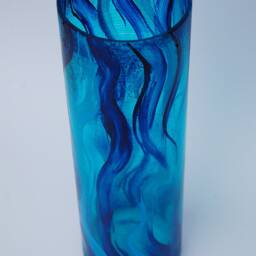 Hand Painted Blue Glass Cylinder Vase, Marine Design - thumbnail 2