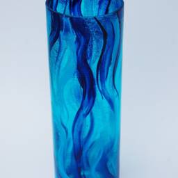 Hand Painted Blue Glass Cylinder Vase, Marine Design - thumbnail 3