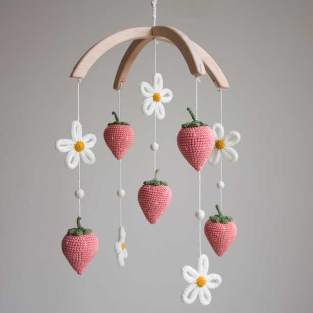 strawberries & Daisies Baby Mobile - Floral Garden & Farm Fruit Decor, Handmade in UK - image 1