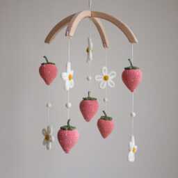 strawberries & Daisies Baby Mobile - Floral Garden & Farm Fruit Decor, Handmade in UK - thumbnail 2