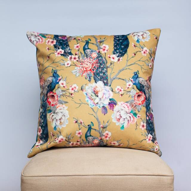Peacock Rose Garden Extra-Large Velvet Cushion, Ochre Yellow. Trailing Floral Vines & Pink Roses. Botanical Animal Design. 23X23 - image 1