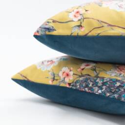 Peacock Rose Garden Extra-Large Velvet Cushion, Ochre Yellow. Trailing Floral Vines & Pink Roses. Botanical Animal Design. 23X23 - thumbnail 3