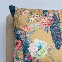 Peacock Rose Garden Extra-Large Velvet Cushion, Ochre Yellow. Trailing Floral Vines & Pink Roses. Botanical Animal Design. 23X23 - thumbnail 2