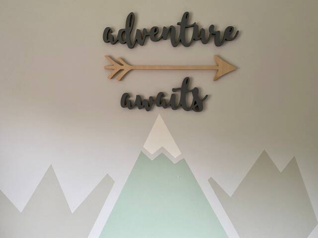 Woodland Nursery Wall Sign. Arrow Sign & Word Signs Adventure Awaits Kids Room Art Wall Decor. Playroom Nursery - image 1