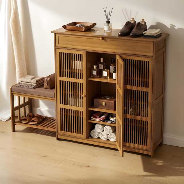 Wood Shoe Cabinet Bench With Cushion, 3 Door Storage Organizer Rack - image 1