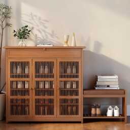 Wood Shoe Cabinet Bench With Cushion, 3 Door Storage Organizer Rack - thumbnail 2