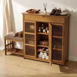 Wood Shoe Cabinet Bench With Cushion, 3 Door Storage Organizer Rack
