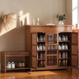 Wood Shoe Cabinet Bench With Cushion, 3 Door Storage Organizer Rack - thumbnail 3