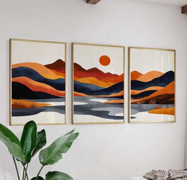 Japanese Mountain Set Of 3, Sunset Landscape Posters, Modern Nature Prints, Orange & Blue Wall Art, Minimalist Home Decor, Boho Art Prints - image 1