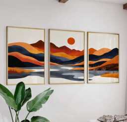 Japanese Mountain Set Of 3, Sunset Landscape Posters, Modern Nature Prints, Orange & Blue Wall Art, Minimalist Home Decor, Boho Art Prints - thumbnail 1
