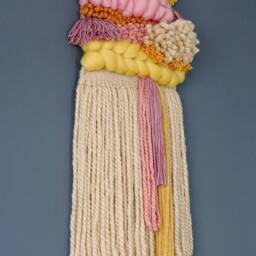 Boho Woven Wall Hanging, Rust Beige Cream & Pink Wool Tapestry For Living Room Or Bedroom, Handmade Textured Fiber Art - thumbnail 3