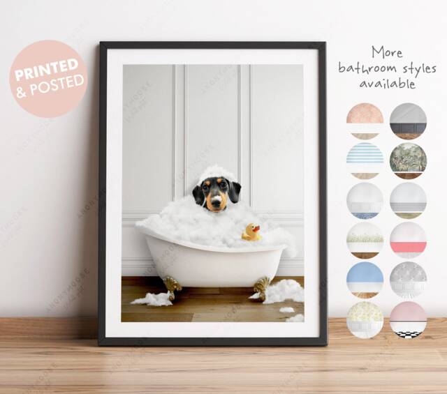 Dachshund Sausage Dog in A Bath Print, Bathing, Funny Bathroom Animal Bathtub, Wiener Tub Whimsy - image 1