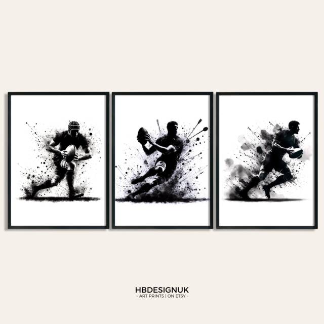 Rugby Wall Art Black - Set Of 3 Poster Prints - Boys Bedroom Decor A4 Gifts Posters Print Artwork - image 1