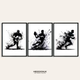 Rugby Wall Art Black - Set Of 3 Poster Prints - Boys Bedroom Decor A4 Gifts Posters Print Artwork - thumbnail 1