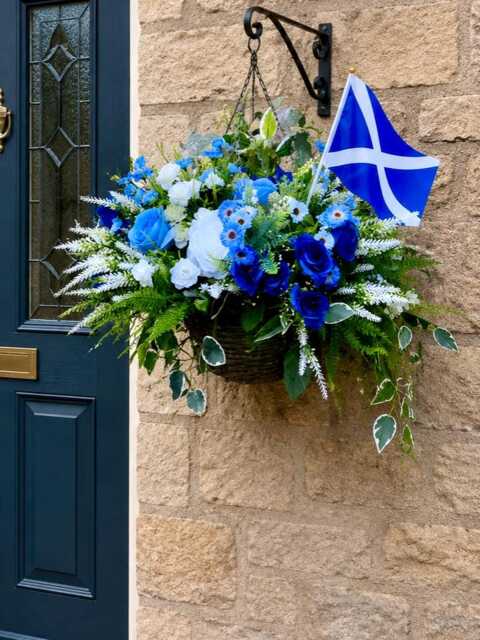 Blue & White Scotland Flag Artificial Flower Hanging Basket - St Andrew Colours Front Door Patriotic Outdoor Decor - image 1