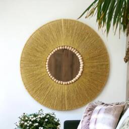 Mustard Jute Mirror, Wall Hanging Bedroom Decor Gift, Christmas Boho Fast Shipping, Living Room - thumbnail 1