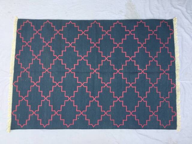 Big Cotton Rug Dhurrie - Room Size Blue & Pink - image 1