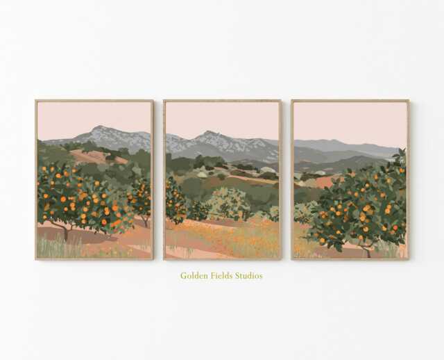 Autumn Orchard Poster Set Of 3 - Orange Grove Landscape Wall Art Mediterranean Countryside Prints Soft Earthy Tones - image 1