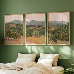 Autumn Orchard Poster Set Of 3 - Orange Grove Landscape Wall Art Mediterranean Countryside Prints Soft Earthy Tones - thumbnail 2