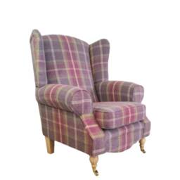 Queen Anne Wingback Fireside Chair Amethyst Tartan Plaid, Brass Castor Legs