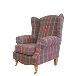 Queen Anne Wingback Fireside Chair Amethyst Tartan Plaid, Brass Castor Legs - thumbnail 3
