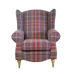 Queen Anne Wingback Fireside Chair Amethyst Tartan Plaid, Brass Castor Legs - thumbnail 2