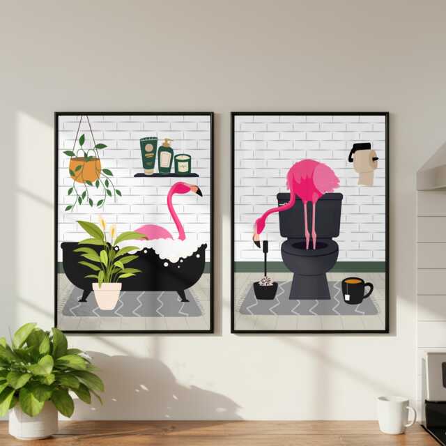 Flamingo Bathroom Prints, Bath & Toilet Art, Set Of Two White Prints - image 1